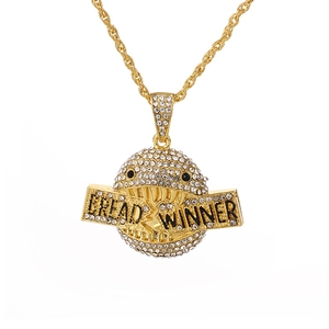 Hip-hop gold plated pendant necklace with Bread Winner engraving and sparkling rhinestones