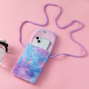 Detail of plush unicorn phone bag showing magnetic closure and interior storage capacity