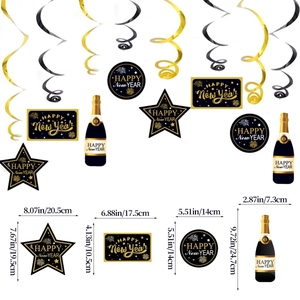 Black and gold Happy New Year 2026 hanging swirl decorations with star and bottle cutouts