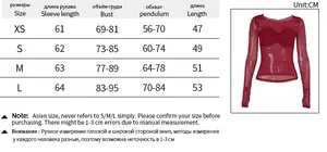 Size chart for women mesh long sleeve top showing bust, length, and sleeve measurements