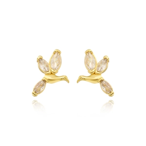 Detail shot of gold-plated bird stud earrings with marquise-cut zircon wings on white base