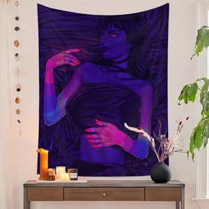 Detailed view of modern art tapestry featuring purple feminine illustration in home setting