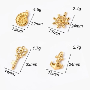 Detailed size chart of gold stainless steel seashell, helm, key, and anchor charms