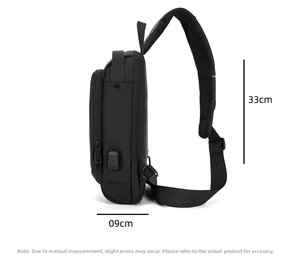 Detail view of water-resistant men's crossbody bag showing 33cm height and 09cm thickness