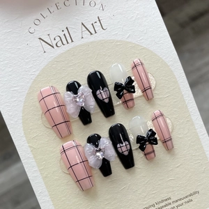 Uñas Postizas Hechas A Mano Ataúd Largo Cuadros Rosa Negro Lazo Diamantes Corazón Estilo Y2K Dulce Y Genial