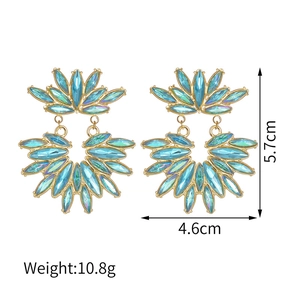 Detailed view of blue flower drop earrings with 5.7cm height and 4.6cm width dimensions