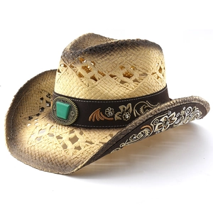 Vintage western straw cowboy hat with ethnic embroidery band and green turquoise stone