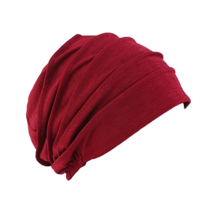 Women's pleated red cotton headscarf sleep cap for hair loss with elegant folding detail