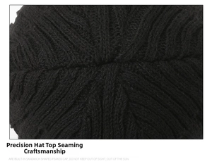 Macro shot of the durable stitching and premium knit texture on the black beanie crown