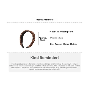 Detailed specifications of brown knit headband showing weight of 51g and 16cm dimensions
