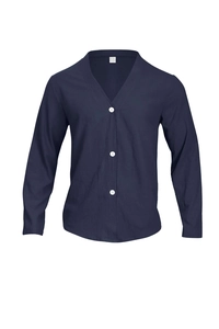 Detail of navy knit cardigan showing white buttons, V-neck, and 100% cotton label