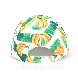 Rear view of tie-dye baseball cap showing tropical banana leaf print and adjustable strap