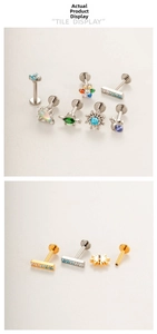 Detailed view of titanium labret studs with colorful cubic zirconia and flower designs