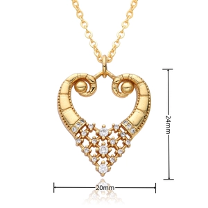 Detail view of 24mm by 20mm hollow heart pendant with white zircon in gold finish