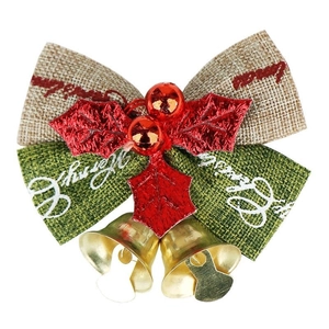 Linen Christmas bow with Merry Christmas text, red bells, holly leaves and berries decor