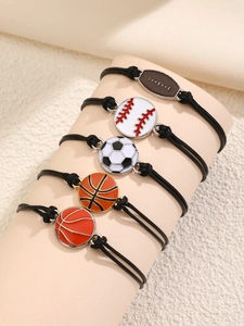 Set of 5 adjustable braided bracelets with sports ball charms like soccer and basketball