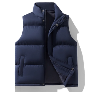 Men's navy blue quilted puffer vest with stand collar and zipper for autumn winter