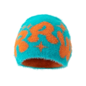 Lake blue plush knitted beanie with orange letter patterns for winter warmth