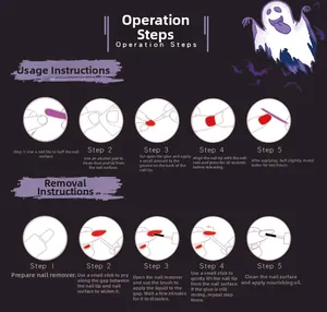 Detailed guide showing application and removal steps for Halloween press-on nails