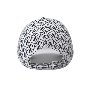 Rear view of houndstooth baseball cap with adjustable metal buckle and letter pattern