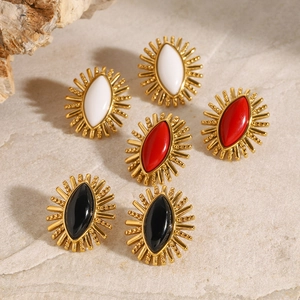 Vintage stainless steel earrings with onyx marquise stones in gold sunburst setting