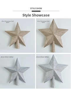Comparison of gold and silver glitter Christmas tree star toppers in 20cm and 25cm sizes