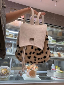 Leopard print plush backpack fashion winter stylish cute small school bag daily wear