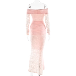 Detail view of pink off-shoulder dress back with lace patchwork and ruched design