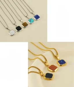 Macro shot of lead-free and nickel-free stainless steel pendants with diverse stone inlays