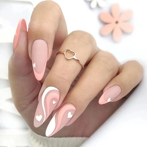 Matte Press On Nails Long Almond Heart Wave Nude Pink Gradient Fake Nail Tips For Women Elegant Manicure Art