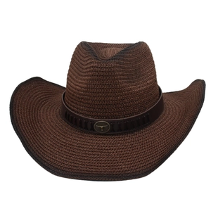 Chapeau de cowboy en paille marron avec large bord et bandeau décoratif tête de taureau