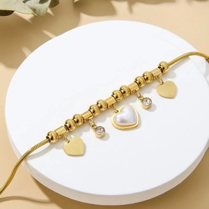 Golden snake chain heart charm bracelet with pearl and sparkling zircon pendants