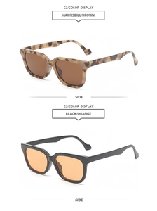 Detailansicht der quadratischen Retro-Sonnenbrille in Schildpatt und Schwarz mit orangefarbenen Gläsern