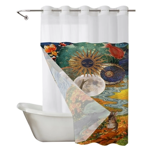 Detail of waffle fabric shower curtain with artistic bird and sun illustration prints
