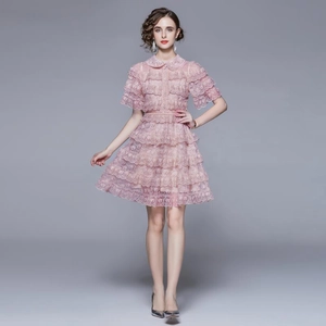 Elegant pink lace tiered dress with Peter Pan collar and ruffled sleeves for women