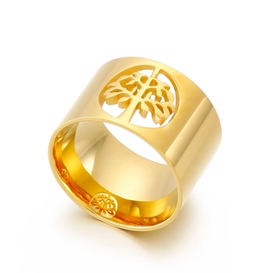 Polished gold Tree of Life hollow stainless steel wide band ring for women on white background