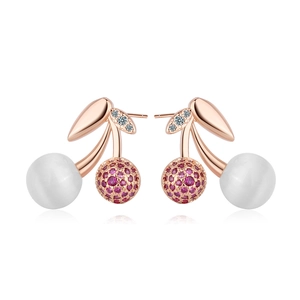Sweet Rose Gold Cherry Stud Earrings With Artificial Pearl And Pink Rhinestone Copper Fruit Leaf Ear Jewelry For Women