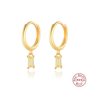 S925 sterling silver gold-plated hoop earrings with rectangular yellow zircon pendants