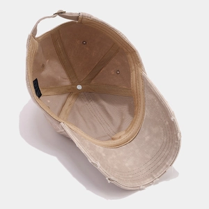 Vintage washed khaki cotton baseball cap with distressed edge and adjustable back strap