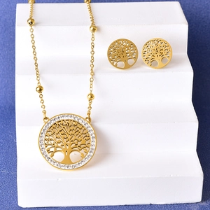Vintage Gold Plated Titanium Steel Necklace Earrings Turquoise Hollow Mandala Tree Of Life Jewelry For Women