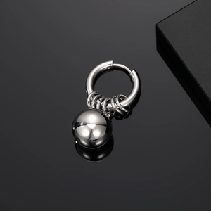 Polished stainless steel hoop earring with sphere pendant and decorative mini rings