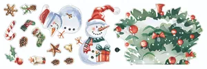 Planche de stickers de Noël à l'aquarelle avec bonhomme de neige et petit bonhomme de pain