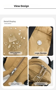 Close-up of waterproof fabric texture and high-quality hardware on beige shoulder bag