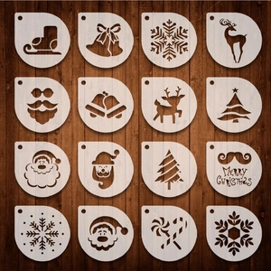 Set of 16 Christmas plastic coffee stencils with snowflake and reindeer patterns