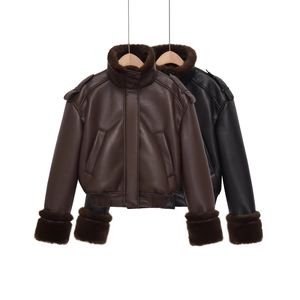 Women Vintage PU Leather Bomber Jacket Faux Fur Collar Cuffs Zipper Moto Flight Coat Thick Warm Casual Chic Outerwear