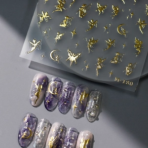 Golden fairy and moon 3D nail stickers with metallic mirror finish for DIY nail art