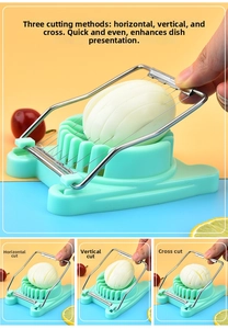 Close-up of dual-purpose egg slicer with stainless steel wires and mint green base