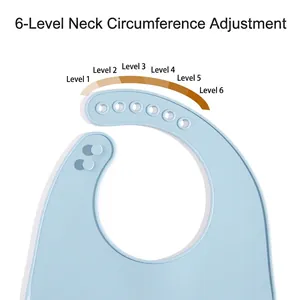 Adjustable light blue silicone baby bib with 6 neck size settings and soft texture