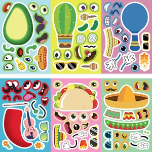 Vue détaillée de 6 planches d'autocollants DIY Fiesta mexicaine avec tacos et sombreros