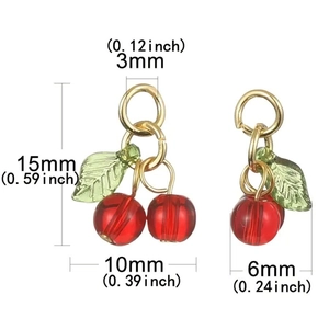 Detailed dimension guide for cherry fruit charm featuring 15mm height and 10mm width